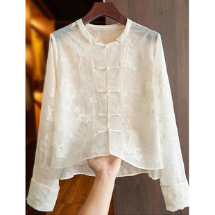 轻挺shu爽!重工刺绣白色真丝欧根缎衬衣 春装盘扣桑蚕丝长袖衬衫
