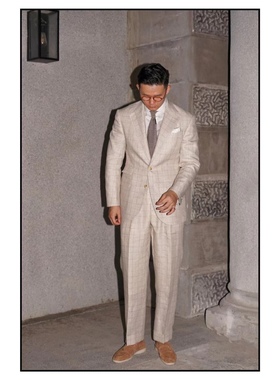 RTions让定制 卡其色亲王格亚麻单西 爱穿衣服的让先生