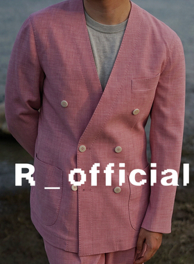 爱穿衣服的让先生 粉色夏季双排扣无领西装夹克 半里夹克