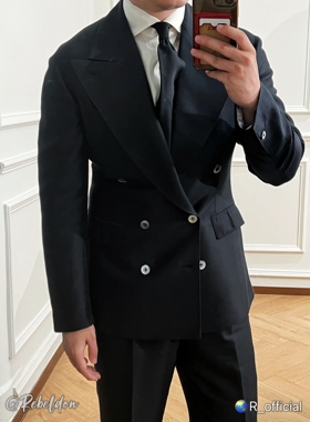 爱穿衣服的让先生 Rebeldon 黑色桑蚕丝羊毛大戗驳领单西