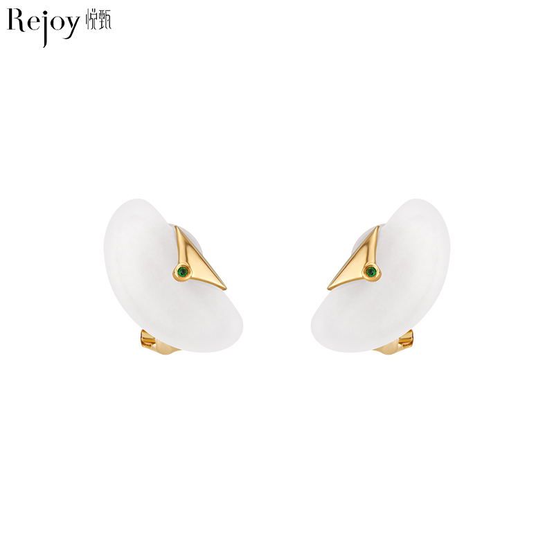 悦甄18K金和田玉祖母绿宝石耳夹 玉荚