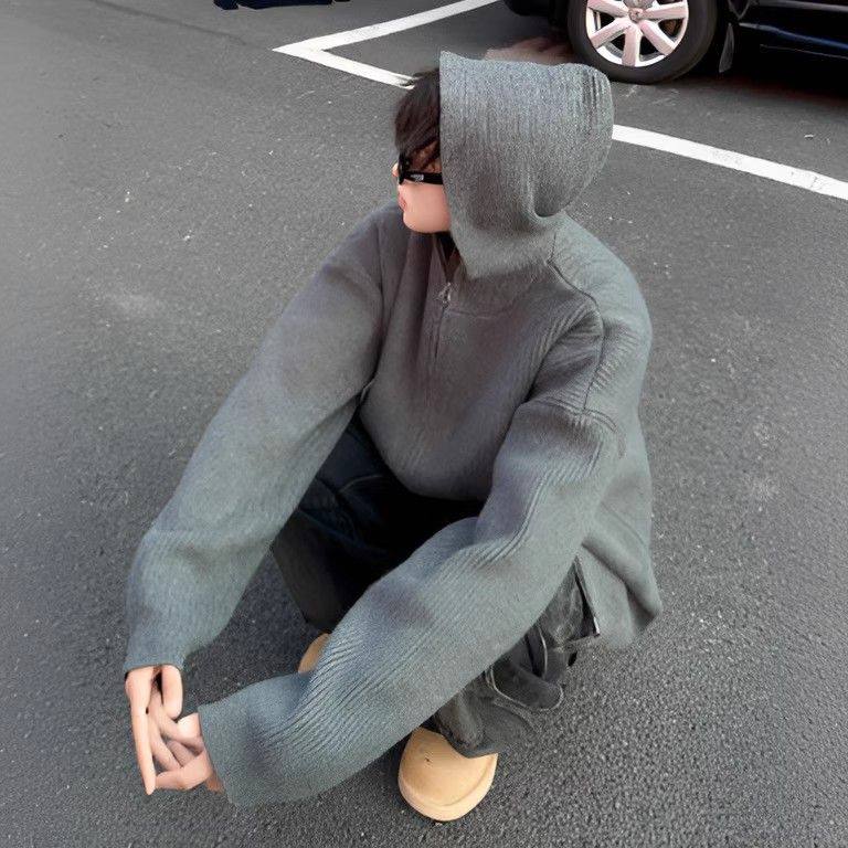 韩版拉链连帽毛衣男复古高级感休闲开衫秋冬外套慵懒风针织衫男潮