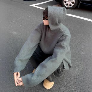 韩版拉链连帽毛衣男复古高级感休闲开衫秋冬外套慵懒风针织衫男潮