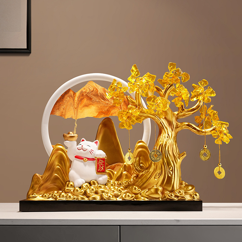 新中式发财树招财猫流沙画摆件店铺前台收银台开业礼物乔迁装饰品图片