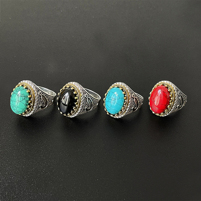 蒙古元素复古花纹绿松石戒指