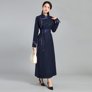 蒙古族服装女传统蒙古袍手工盘扣立领宽松长袍现代改良日常生活装