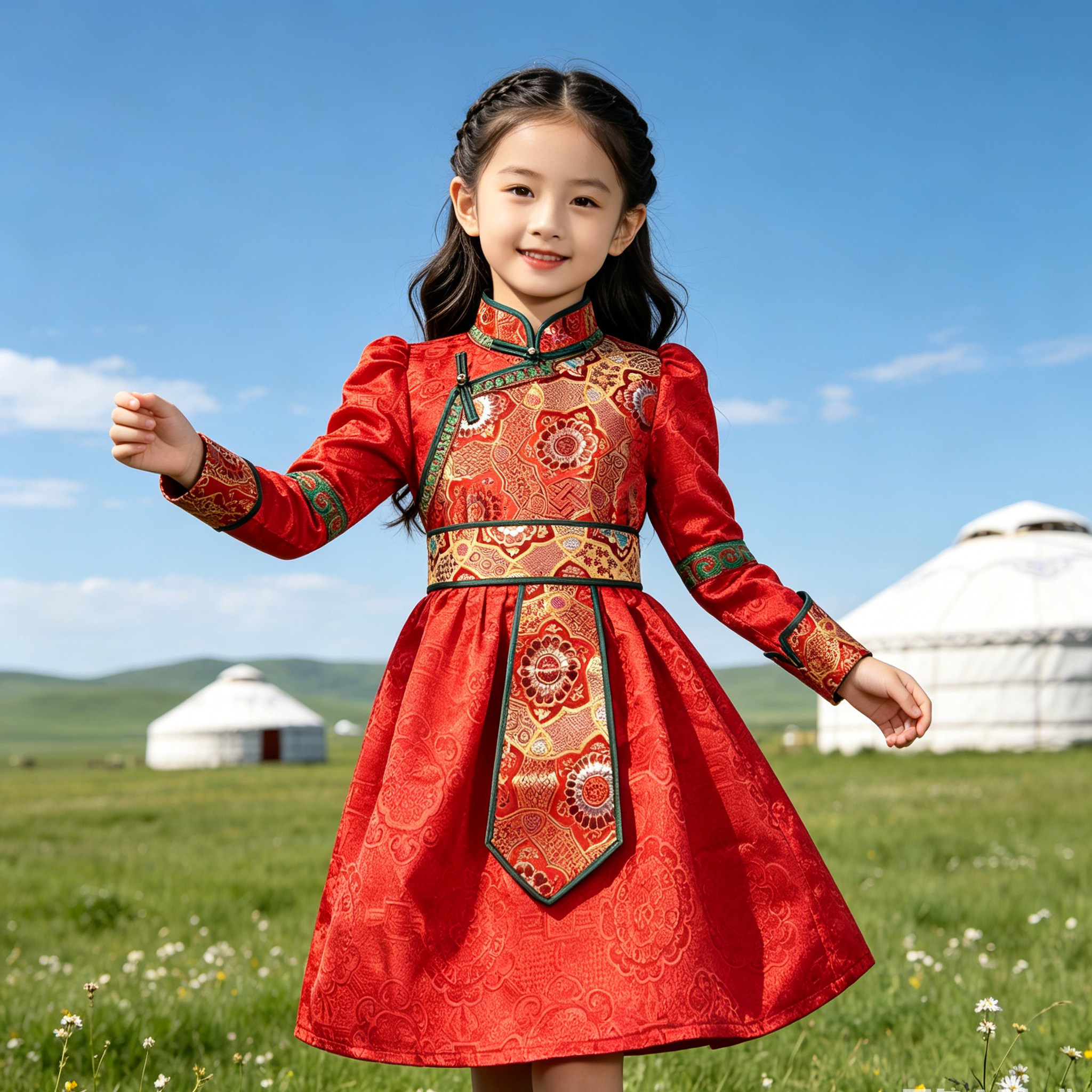 儿童蒙古族舞蹈演出服女童蒙古袍六一少数民族表演服蒙古裙生活装