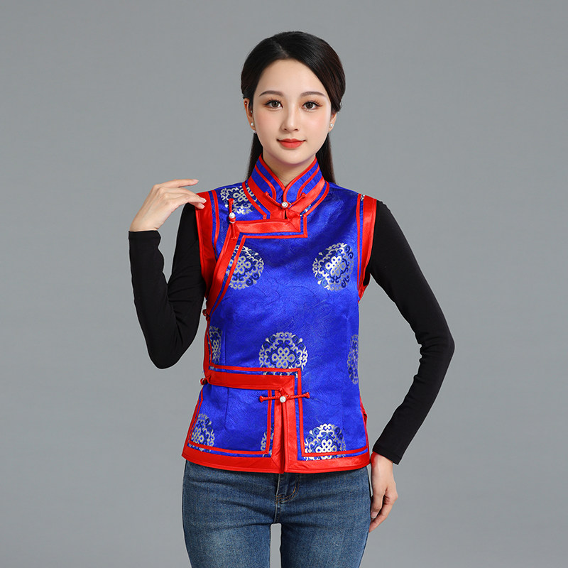 蒙古元素马甲女立领春季新品蒙古族服装锦缎短款马夹少数民族坎肩