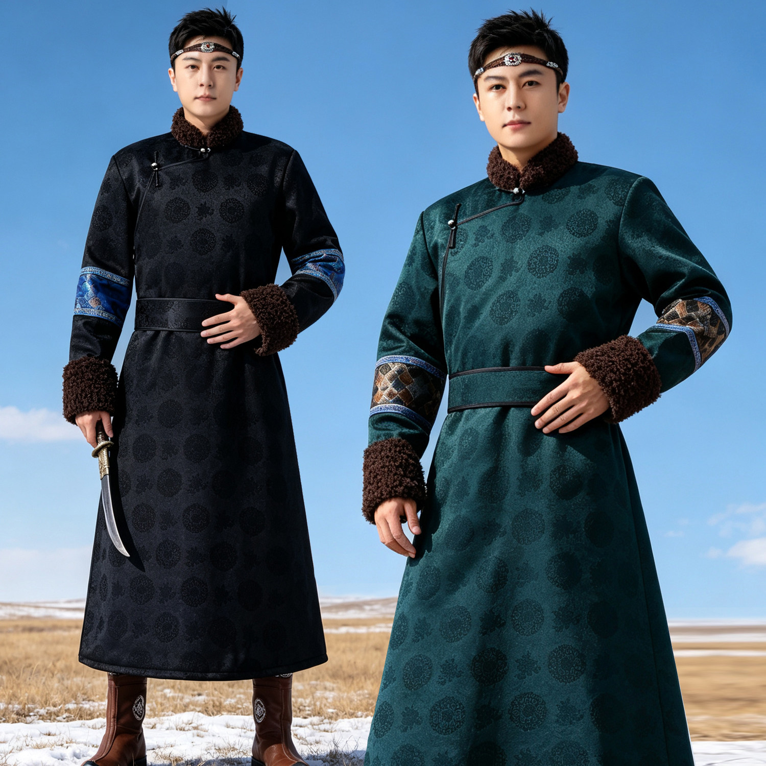 男士蒙古袍秋冬棉衣长袍加绒加厚蒙古服装男保暖长袍蒙古族日常装