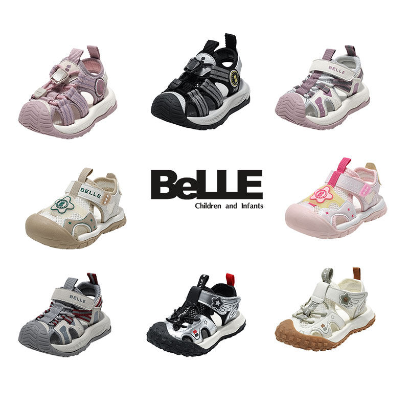 百丽女童运动凉鞋夏季新款包头镂空透气魔术贴沙滩鞋幼儿园宝宝鞋