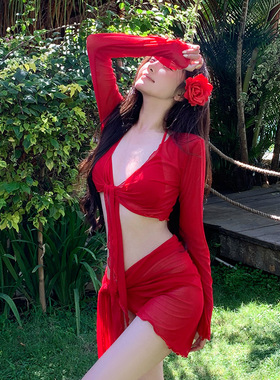 绝美泳衣女比基尼2025新款红色纯欲风性感分体温泉泳装三亚度假