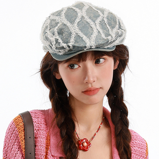 冷大娘中大童复古纯棉甜酷牛仔蕾丝贝雷帽小众设计时尚前进帽亲子