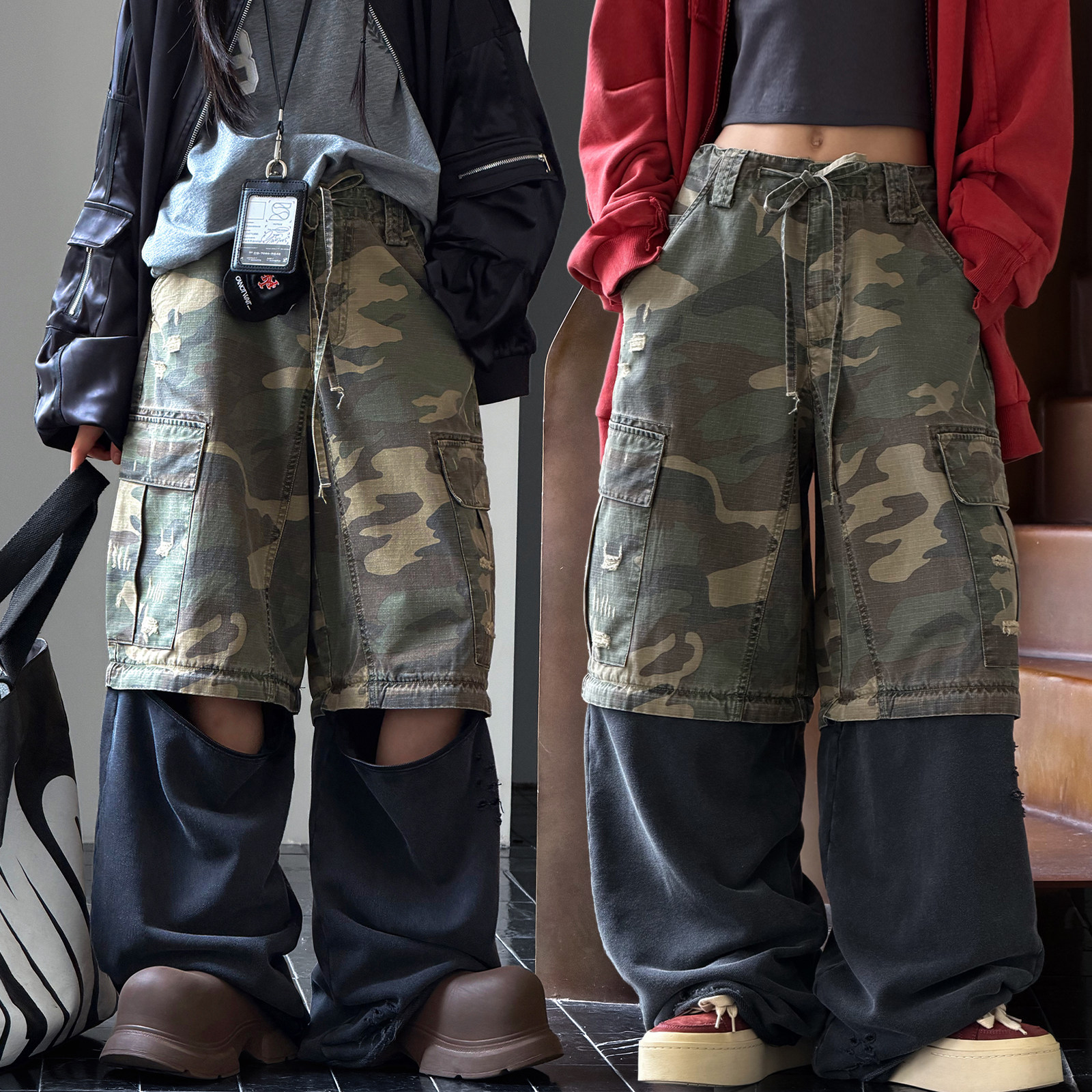 冷大娘中大童迷彩hiphop街舞美式可拆卸休闲长裤子爵士工装阔腿裤