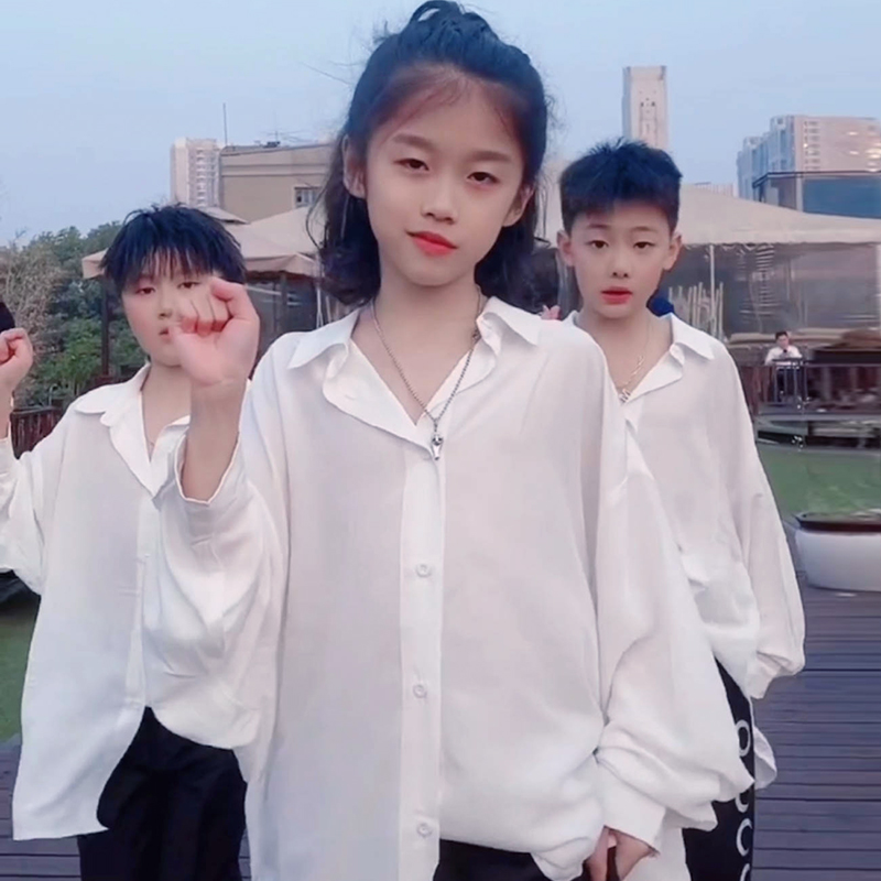 冷大娘定制 男女儿童白衬衫薄款防晒衣街舞垂感衬衣表演服亲子款
