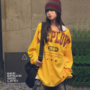 冷大娘大童美式印花一字肩长袖卫衣宽松休闲套头上衣街舞上衣T恤