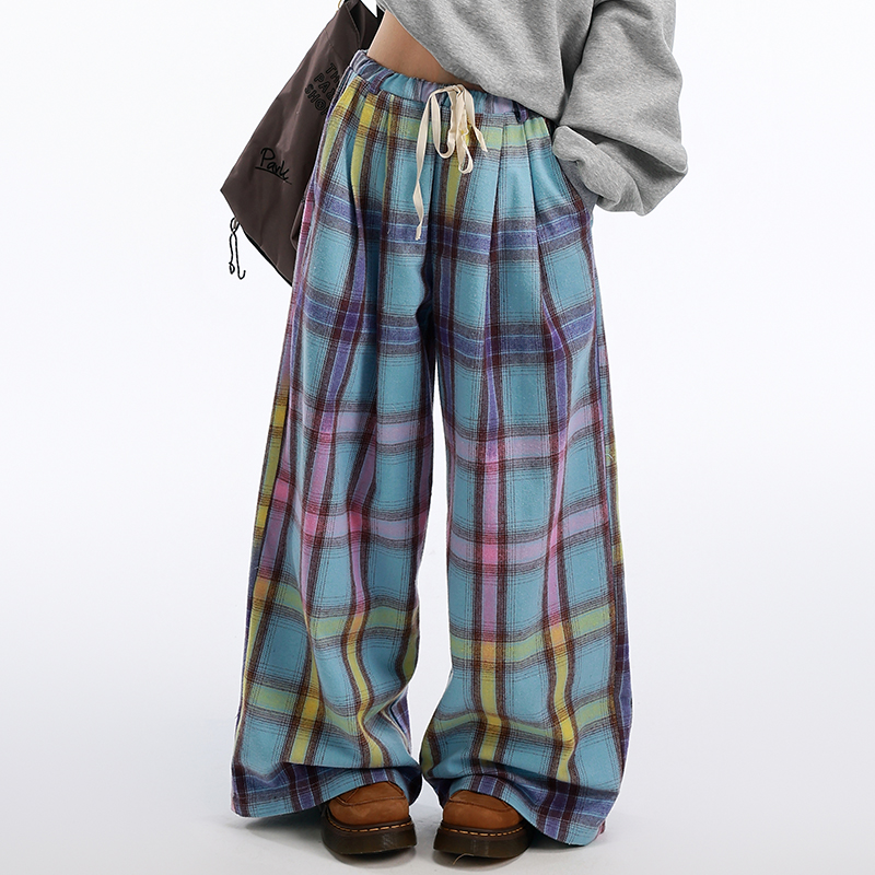 冷大娘纯棉彩色格子宽松阔腿长裤