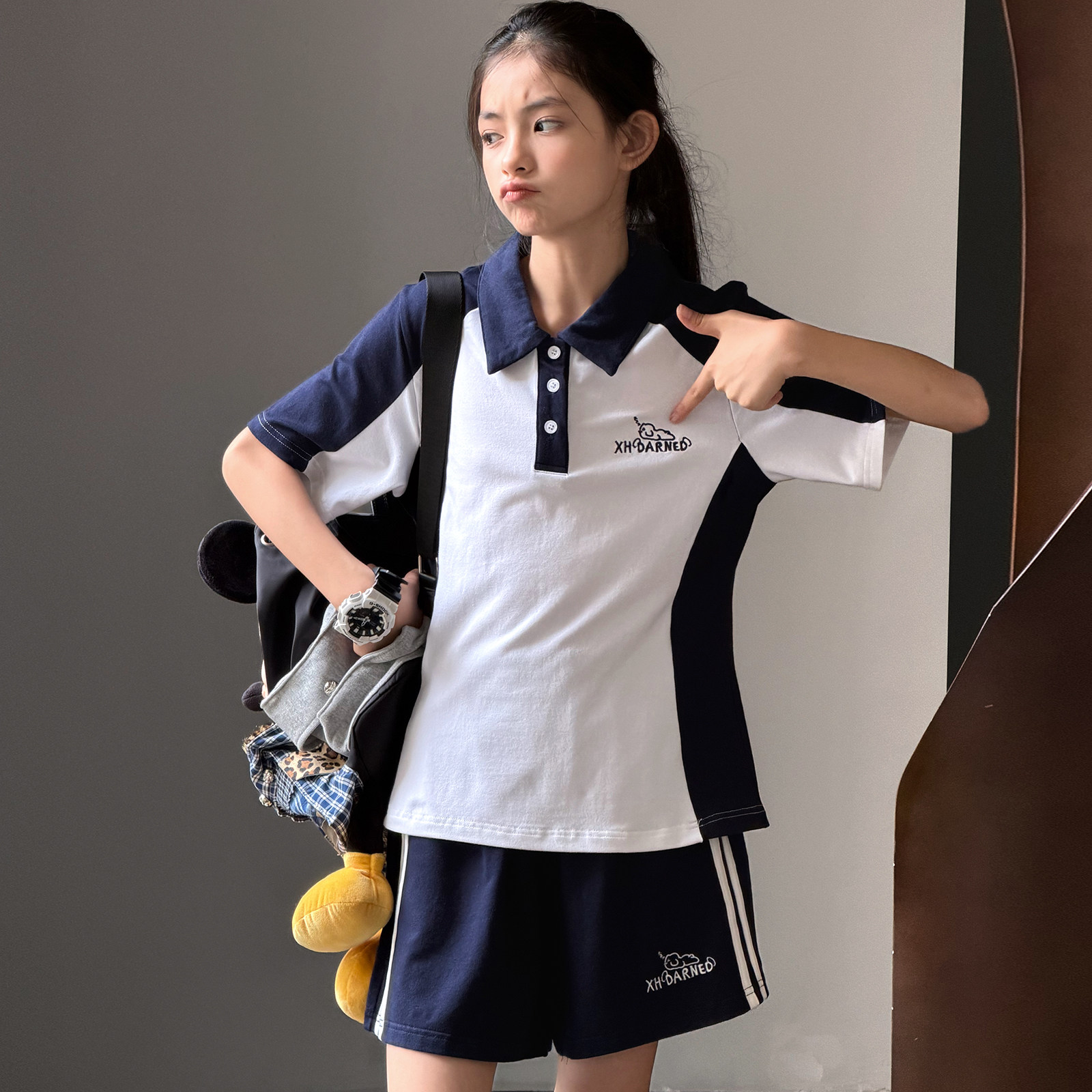 小黄*冷大娘联名 学院风校服套装翻领撞色短袖运动服上衣短裤亲子