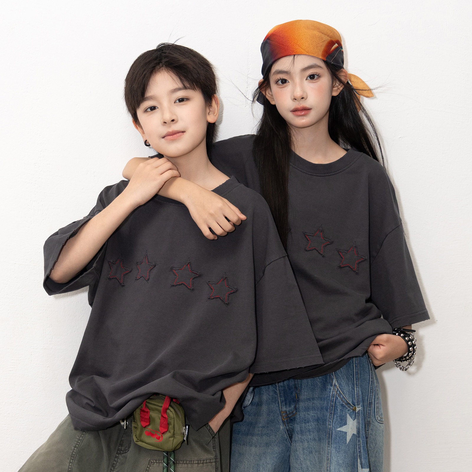 冷大娘 男女中大童爵士街舞纯棉短袖T恤休闲宽松小个子上衣亲子款