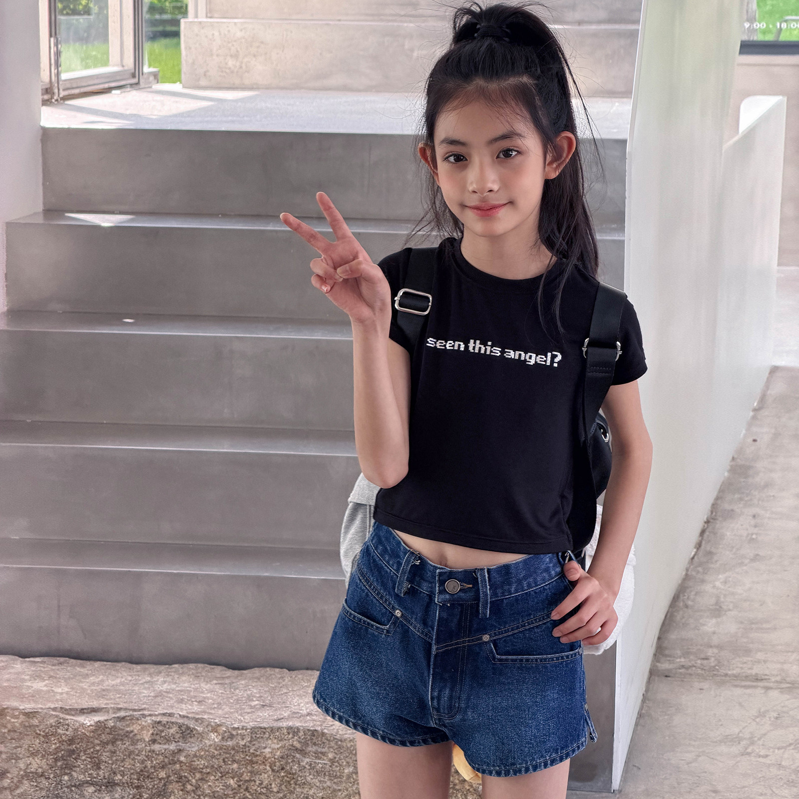 冷大娘  中大童夏季百搭经典牛仔短裤小个子休闲高腰显瘦热裤亲子