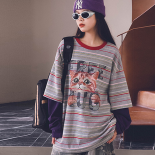 冷大娘 秋冬男女中大童条纹长袖假两件T恤宽松街舞演出上衣亲子款