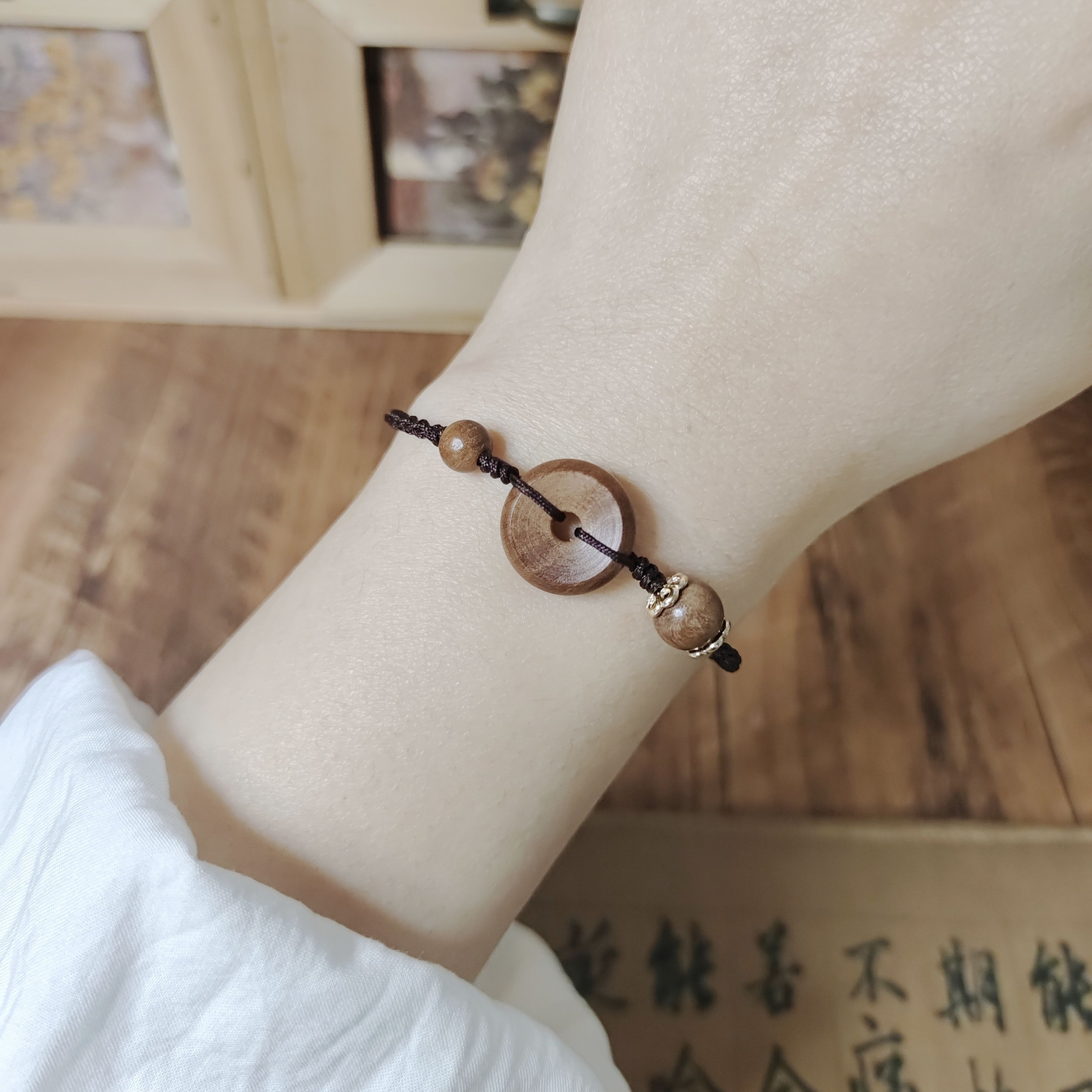 真桃木平安扣红手绳编织手链饰品手链