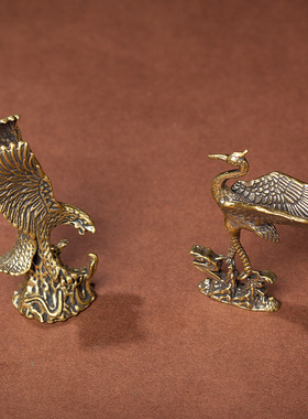 铜鹰黄铜仙鹤小摆件茶宠客厅桌面装饰品办公室铜老鹰大鹏展翅造景