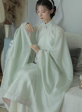 晚明风蛋壳青立领斜襟长衫粉色暗花纱帝尧汉服原创