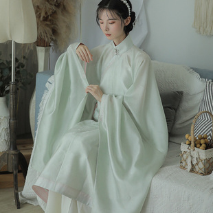 晚明风蛋壳青立领斜襟长衫粉色暗花纱帝尧汉服原创