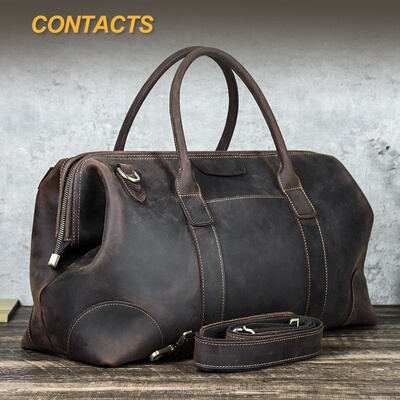 黑天使复古疯马皮大容量手提斜挎短途旅行包铁铰袋口真皮健身包