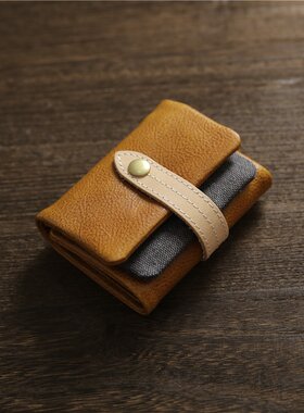 原创手工钱包男短款真皮三折钱夹头层牛皮青年搭扣学生竖款植鞣皮
