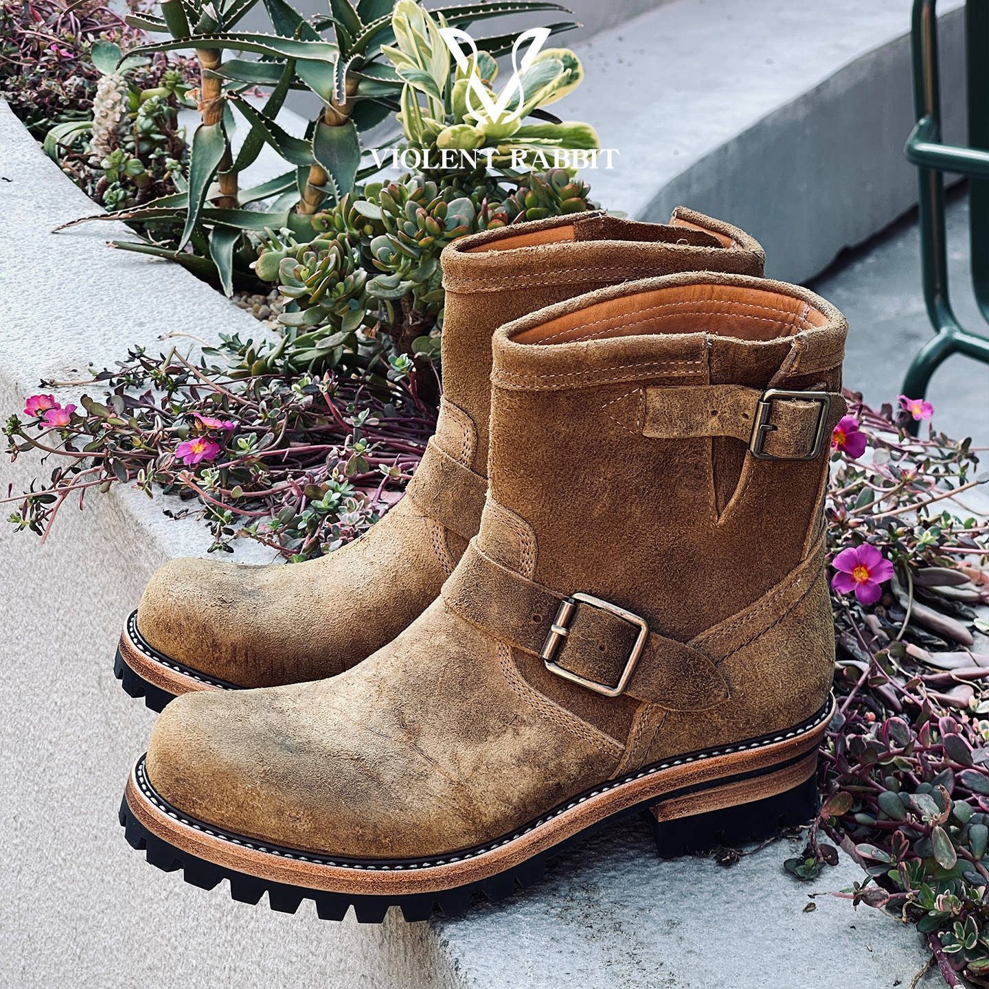 VR兔爷7英寸工程师靴CFS砂石棕疯牛皮手工固特异摩托机车靴工装鞋