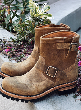 VR兔爷7英寸工程师靴CFS砂石棕疯牛皮手工固特异摩托机车靴工装鞋