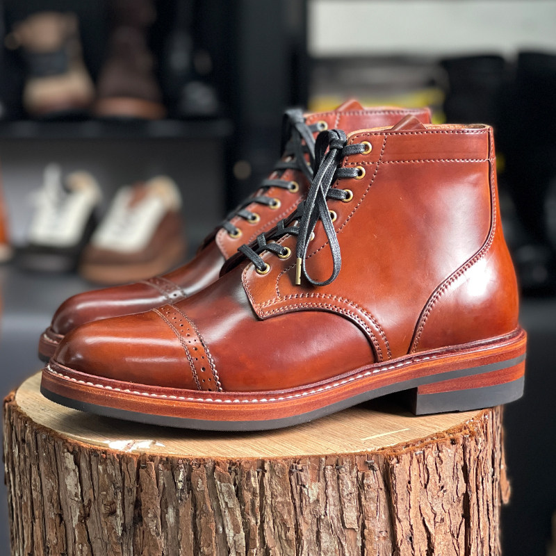VR兔爷高定 威士忌色马臀皮靴绅装靴高帮美式复古手工固特异工艺