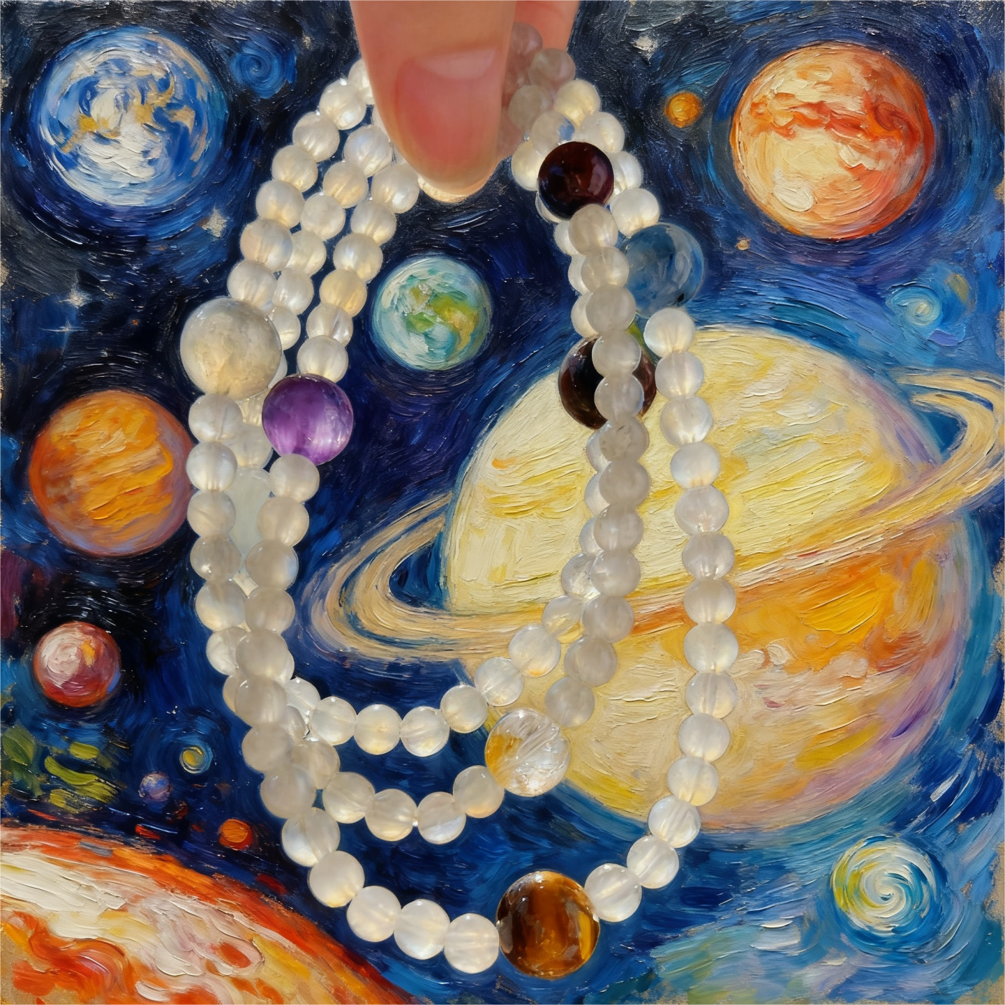 【行星】天然灰月光多圈手串蓝晶石海蓝宝月光石虎眼石三圈手链