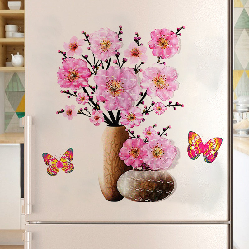 3d立体仿真花瓶装饰自粘墙纸抖音同款冰箱贴纸柜子贴花墙面墙贴画