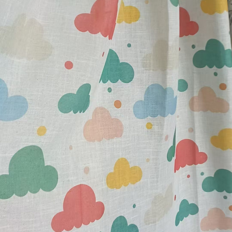 彩虹云朵透光不透人窗纱可爱亚麻风格印花儿童窗帘女孩卧室ins风