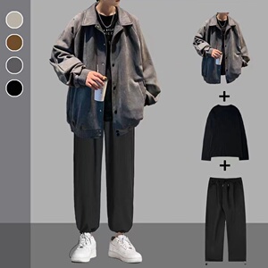 麂皮绒夹克外套男生秋季潮牌宽松棒球服套装学生休闲男装帅气一套