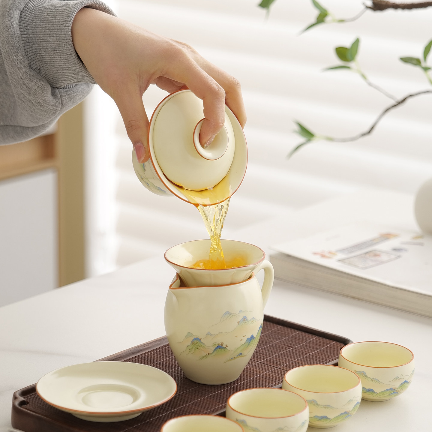 汝窑防烫三才盖碗功夫茶具套装图片