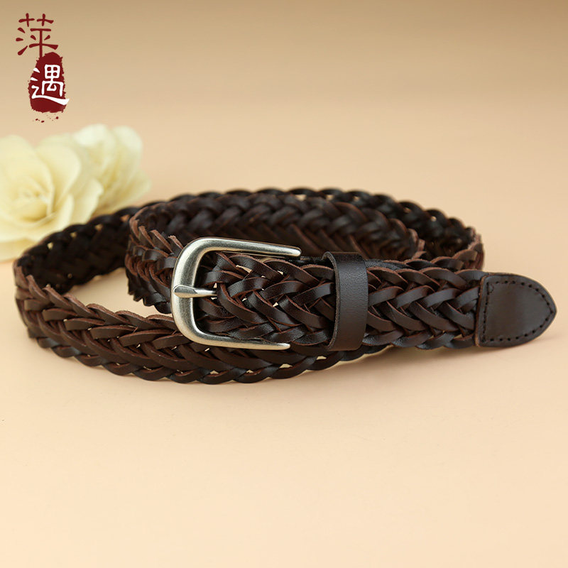 编织皮带女真皮头层纯牛皮欧美休闲百搭宽腰带免打孔装饰牛仔裤带