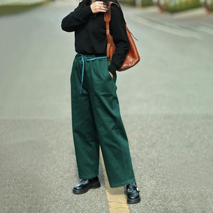 春夏 进口布料好品质纯棉邮差绿松紧抽绳长裤 晴底 画子行山水