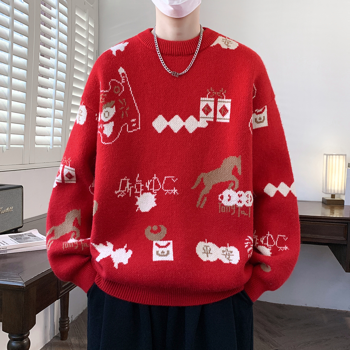 冬季潮流红色毛衣男孩大童针织衫