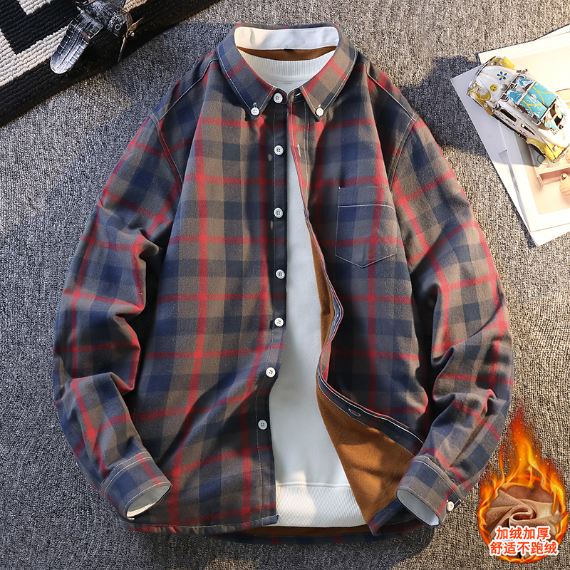 13男孩纯棉加绒加厚长袖衬衫14青少年15初中学生18岁冬季格子衬衣