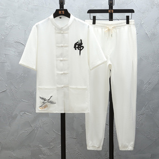 夏季青少年中国风短袖T恤12-15岁男孩初中学生14大童薄款冰丝套装