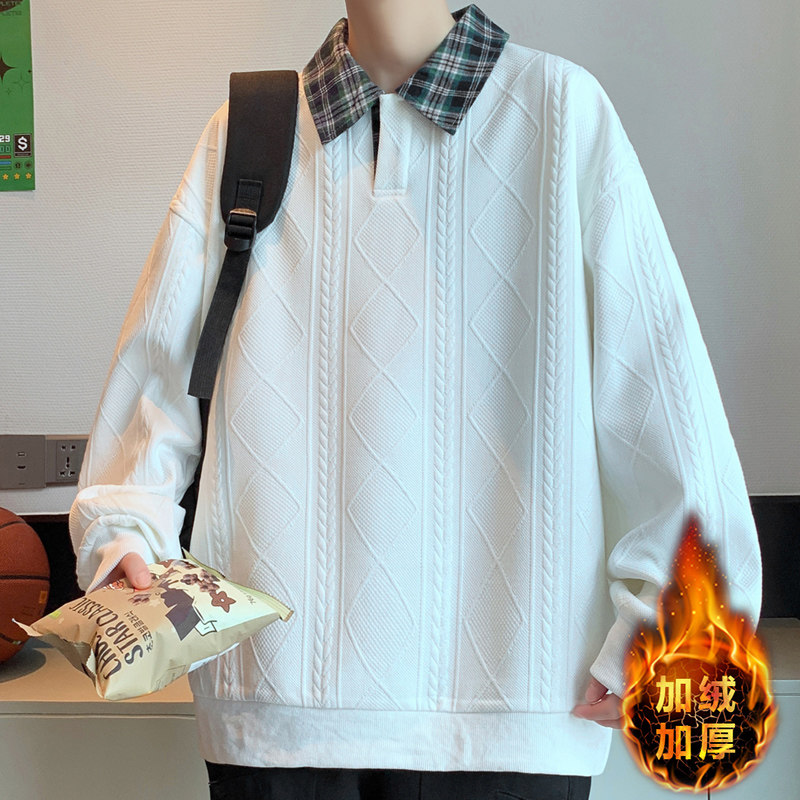 冬季宽松翻领卫衣12男孩中学生14加绒加厚15岁青少年大童长袖T恤