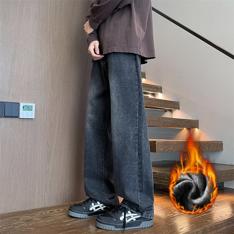 冬季加绒加厚牛仔裤12岁男孩13青少年学生14大童15宽松直筒休闲裤