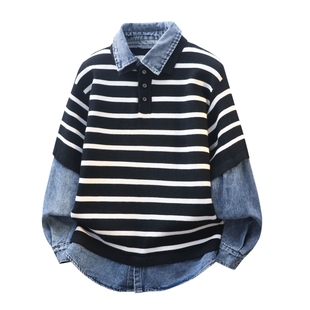 冬季青少年衬衫领针织打底衫12岁男孩15学生14大童牛仔假两件毛衣