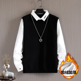 青少年衬衫领假两件毛衣12男孩15岁初中学生14大童加绒加厚针织衫