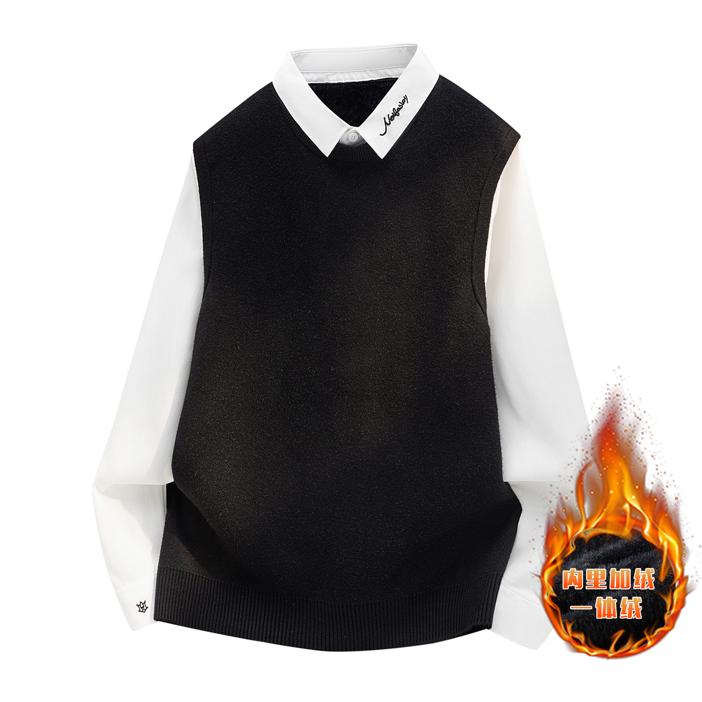 加绒加厚假两件毛衣衬衫领打底衫