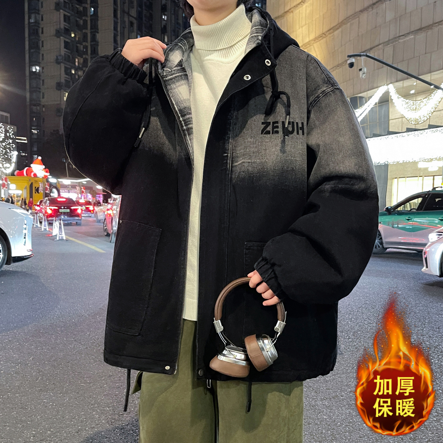 冬季男加绒加厚牛仔外套大童棉衣