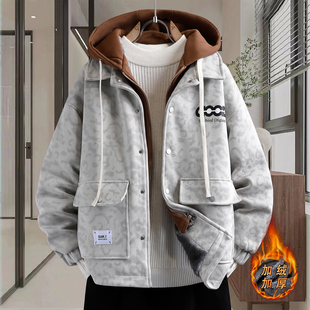 冬季青少年加绒加厚棉衣外套12岁男孩13初中学生15大童假两件棉服